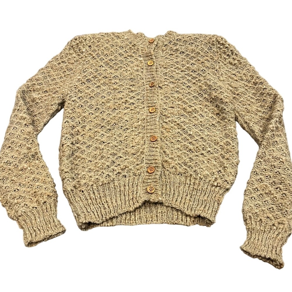 Sunbow 2 Cardigan Sweater Womens L Tan Chunky Open Knit Button Front Vintage